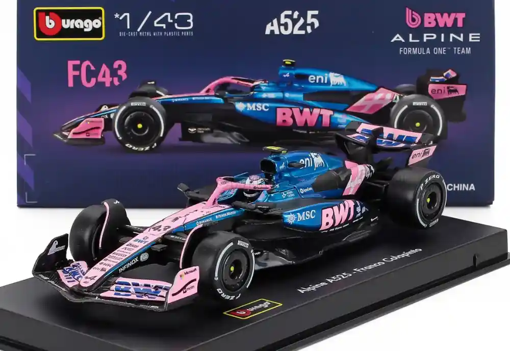 Alpine F1 A525 43 2025 F. Colapinto vitrinnel és pilótával Árcsökkenés