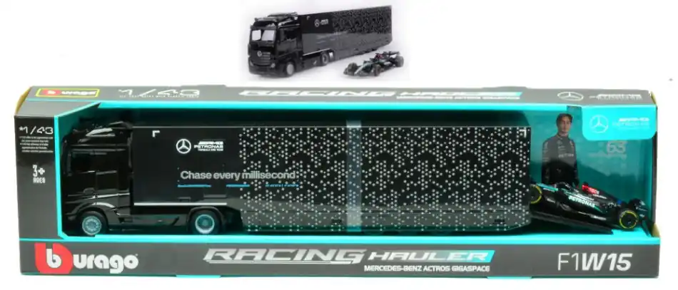 Mercedes-Benz Actros 2 Gigaspace Formula 1 kamion + Mercedes F1 W14 63 2023 G. Russell Árcsökkenés