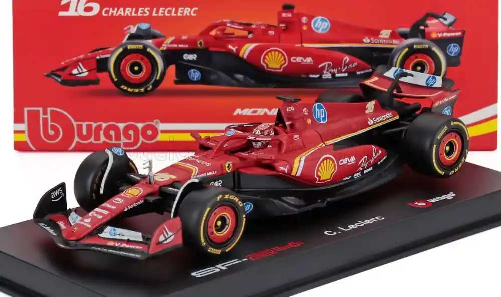 Ferrari F1 SF-24 16 Monaco GP győztes 2024 C. Leclerc pilótával és vitrinnel Expressz szállítás
