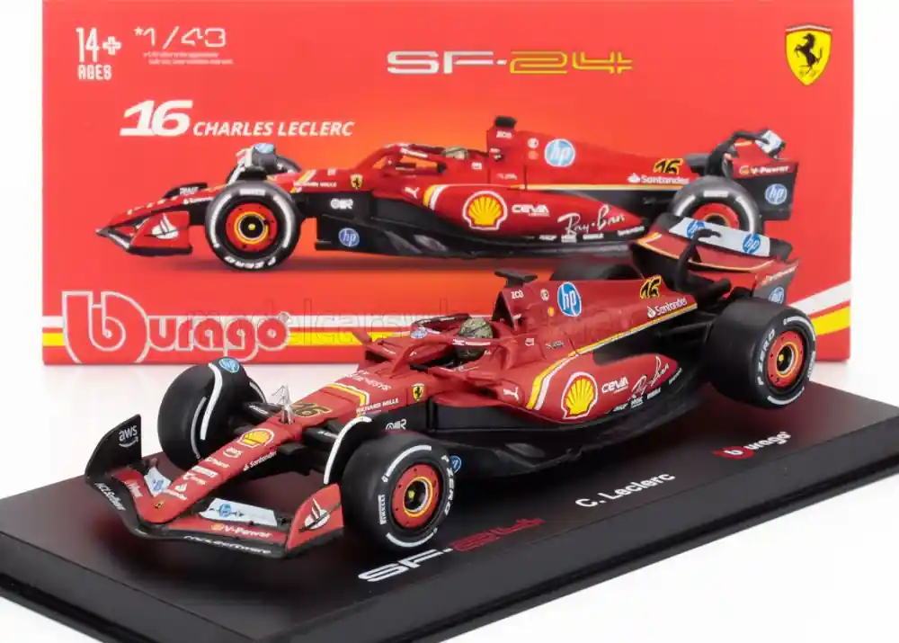 Népszerű Ferrari F1 SF-24 n.16 Monza GP győztes 2024 C. Leclerc pilótával és vitrinnel