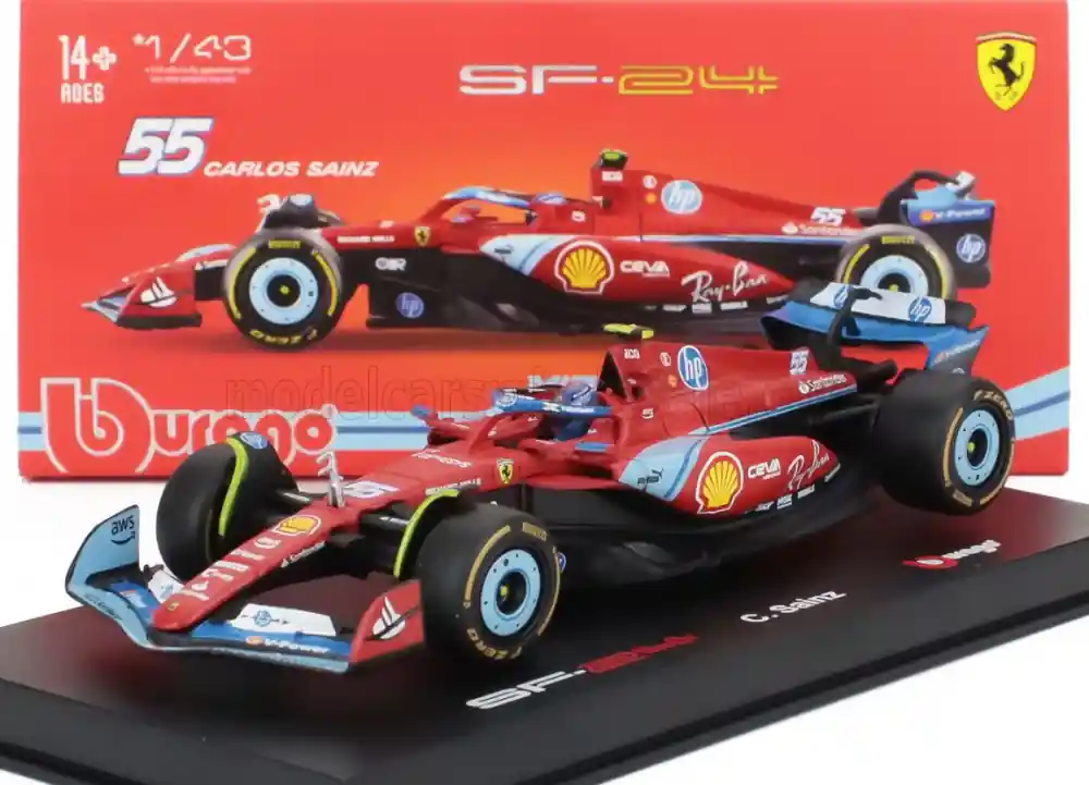 Ferrari F1 SF-24 n.55 Miami GP 2024 C. Sainz pilótával és vitrinnel Biztonságos vásárlás
