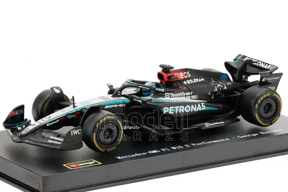 Exkluzív ajánlat Mercedes F1 W15 E Performance n.63 2024 G. Russell pilótával és vitrinnel