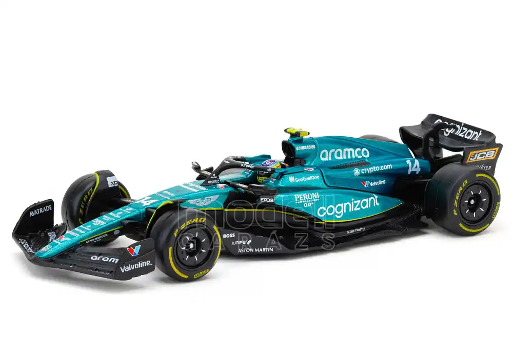 Legkelendőbb Aston Martin F1 AMR23 n.14 2023 F. Alonso pilótával és vitrinnel