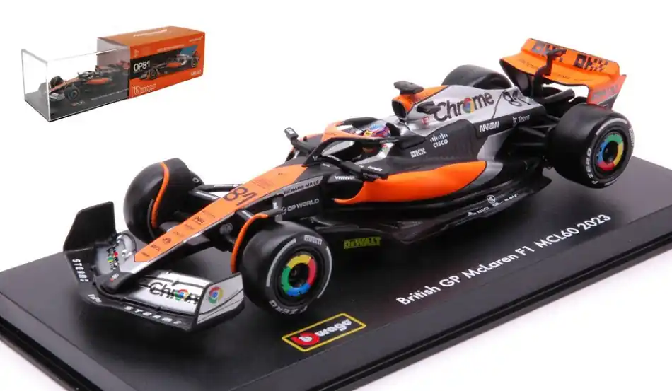 Szezonális akció McLaren F1 MCL60 n.81 British GP 2023 O. Piastri vitrinnel és pilótával