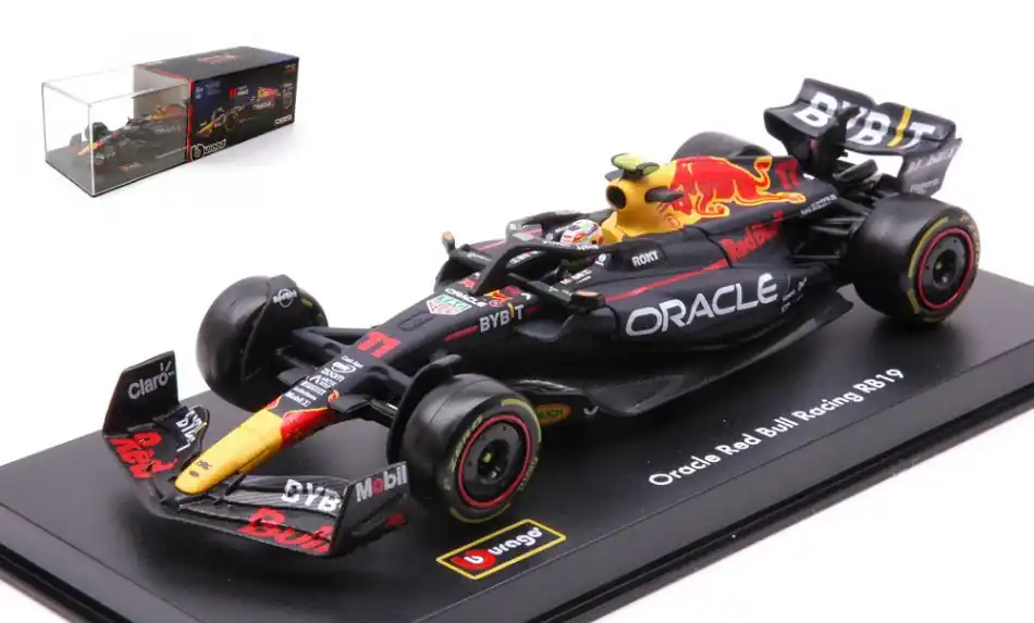 Legjobb ár Red Bull F1 RB19 n.11 2023 S. Perez vitrinnel és pilótával