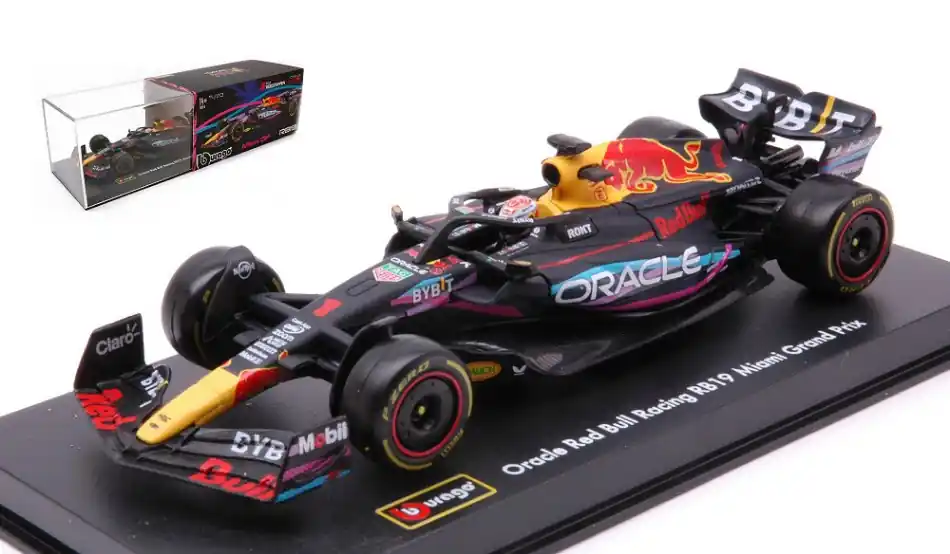 Red Bull F1 RB19 n.1 Miami GP Max Verstappen 2023 világbajnok vitrinnel és pilótával Biztonságos vásárlás