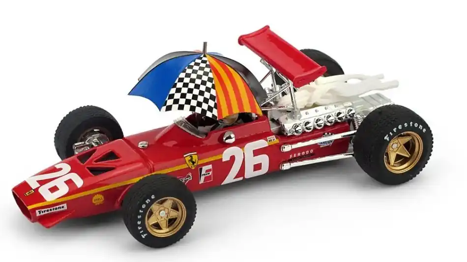 Akció Ferrari F1 312 n.26 French GP győztes 1968 J. Ickx pilótával és esernyővel