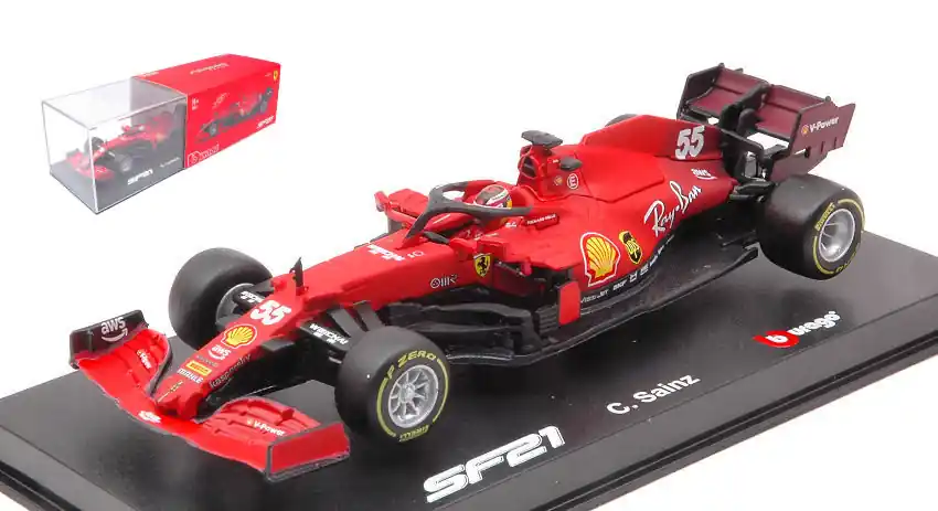 Ferrari F1 SF21 n.55 Carlos Sainz 2021 vitrinnel és pilótával Biztonságos fizetés