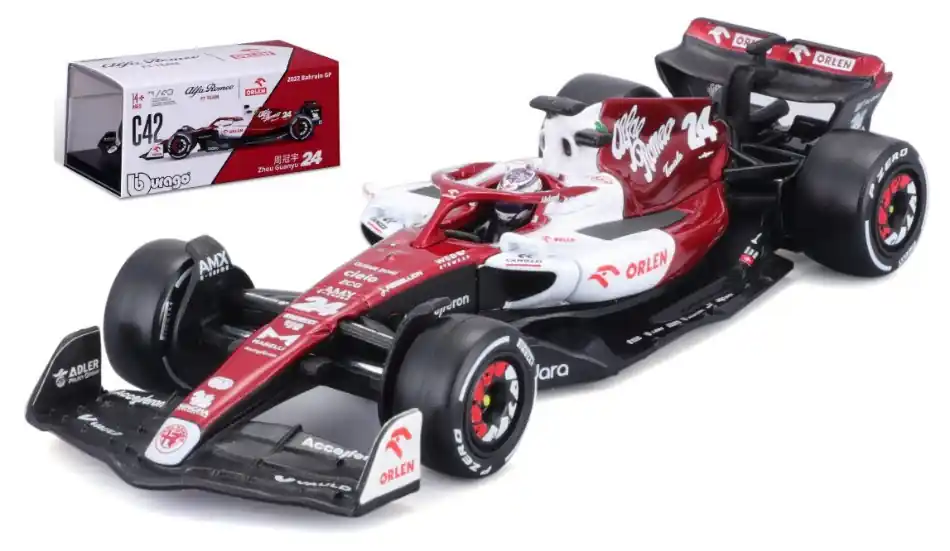 Prémium Alfa Romeo F1 C42 n.24 Bahrain GP 2022 Guanyu Zhou vitrinnel és pilótával