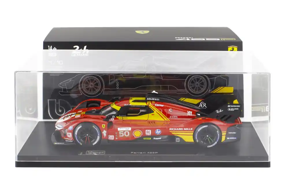 Legnépszerűbb Ferrari 499P n.50 24h Le Mans győztes 2024 A. Fuoco - M. Molina - N. Nielsen exkluzív modell vitrinnel