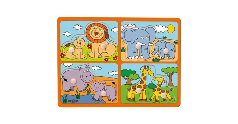 Vadállatok kicsinyükkel fa forma-puzzle fogantyúval – Woodyland Árengedmény