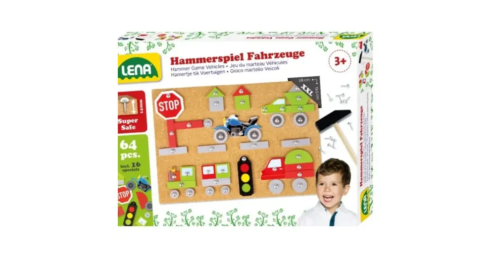 LENA Kalapácsos parafatábla játékszett 64 db-os – Járművek és közlekedés Árcsökkenés
